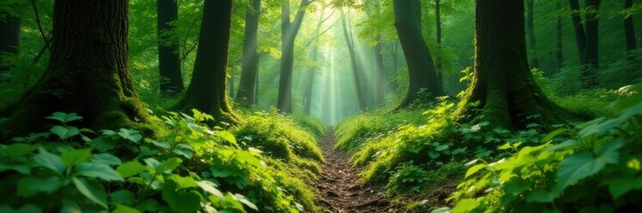 Obraz premium Dense undergrowth in a summer European forest, vines, moss, forest floor