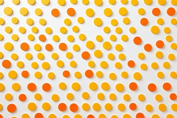 there are many orange and yellow circles on a white surface