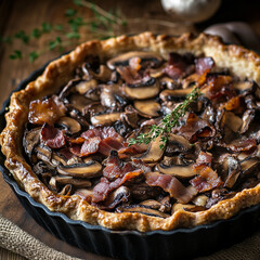 Mushroom and bacon pie baked in a rustic rye crust