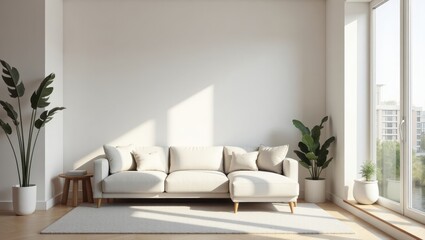 Virtual Staging. Modern beige sofa with plants in bright living room i