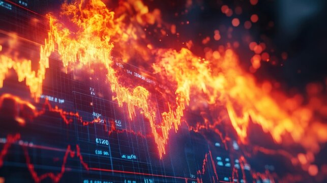 Burning stock market graph, flames consuming financial data and price charts