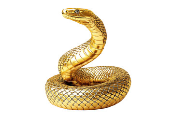 Fototapeta premium Coiled golden snake sculpture with detailed scales isolated on white transparent background, reptiles or wildlife, symbolizing Chinese Lunar New year