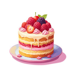 delicious layered cake topped with fresh berries and cream on plate