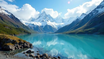 Glacial lake with snow-capped Andean mountains, Andes Patagonia, mountains, river
