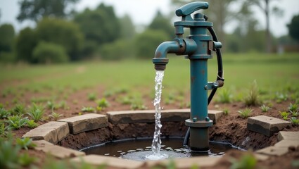 Well Pump. Blue hand water pump with clear water flow in rural green f
