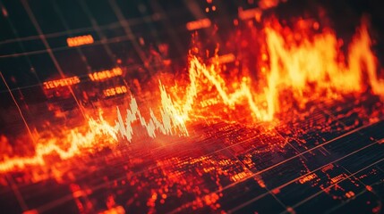 Burning stock market graph, flames consuming financial data and price charts
