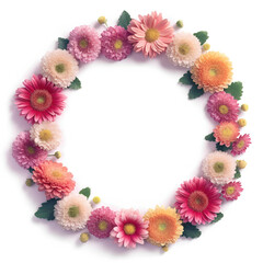 Fototapeta premium vibrant floral wreath composed of pink, orange, and yellow flowers, creating circular frame with white background. arrangement includes various types of blossoms and green leaves, showcasing