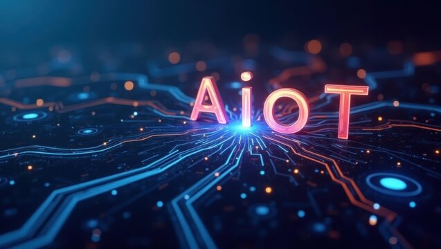 Aiot. Word ioia is placed on circuit board with glowing lights