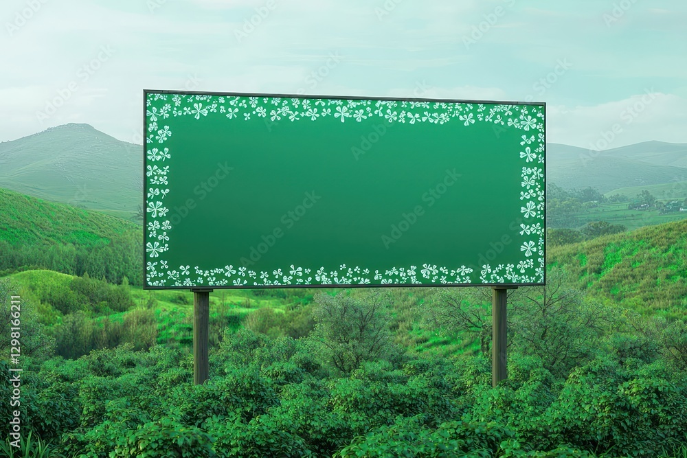 Poster scenic st. patrick's day billboard mockup surrounded by shamrock patterns for branding.
