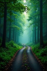 Obraz premium Misty forest road winding through dense foliage, winding road, nature