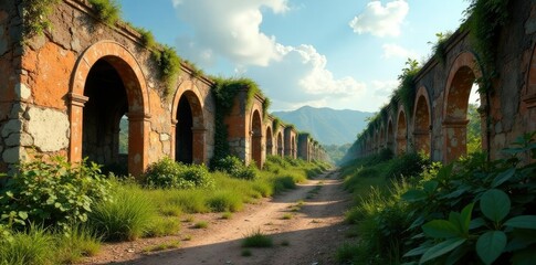 Obraz premium Ruinas antiguas con cenizas y hierbas crecientes, destrucci?n, restauraci?n