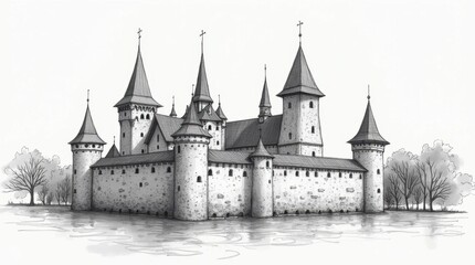 Classic Black and White Sketch of Wawel Castle in Krakow