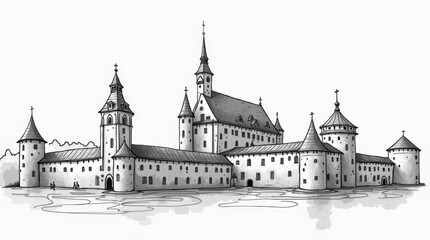 Classic Black and White Sketch of Wawel Castle in Krakow