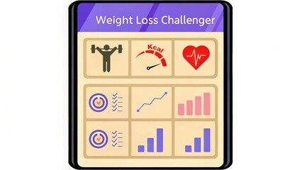 Fitness apps for weight loss exercise plan concept. Weight loss challenge graphic with fitness icons and progress charts.