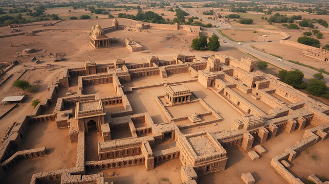 Historic aerial shot of ancient brick ruins revealing the layout of a past civilization Mohenjo Daro