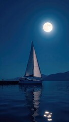 Naklejka premium Sailboat sails under a moonlit sky at night near a dock, sailboat, calm, darkness