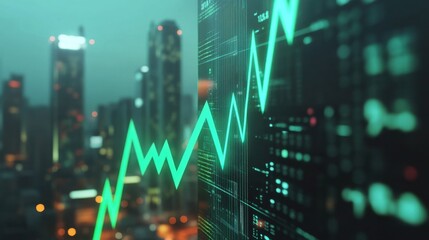 Business performance visualization with a green rising arrow over a blurred city skyline and financial data graphs
