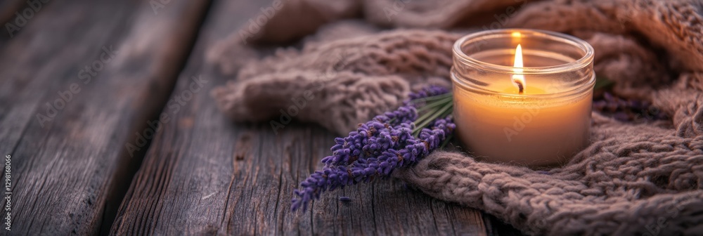Poster Cozy candle and lavender arrangement on a wooden surface with soft fabric in a warm setting. Generative AI