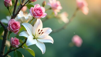 Soft pink roses and white lilies suspended in the air amidst branches, suspension, nature