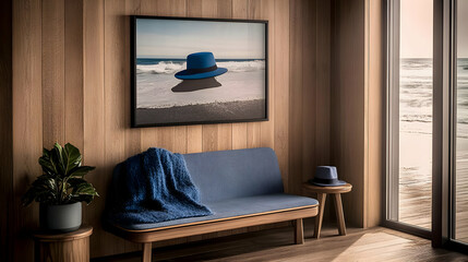 Coastal Relaxation Illustration: Blue Hat on Beach
