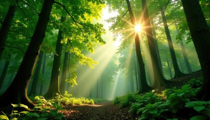 Soft sunlight filtering through the forest canopy, forest, leaves, canopy