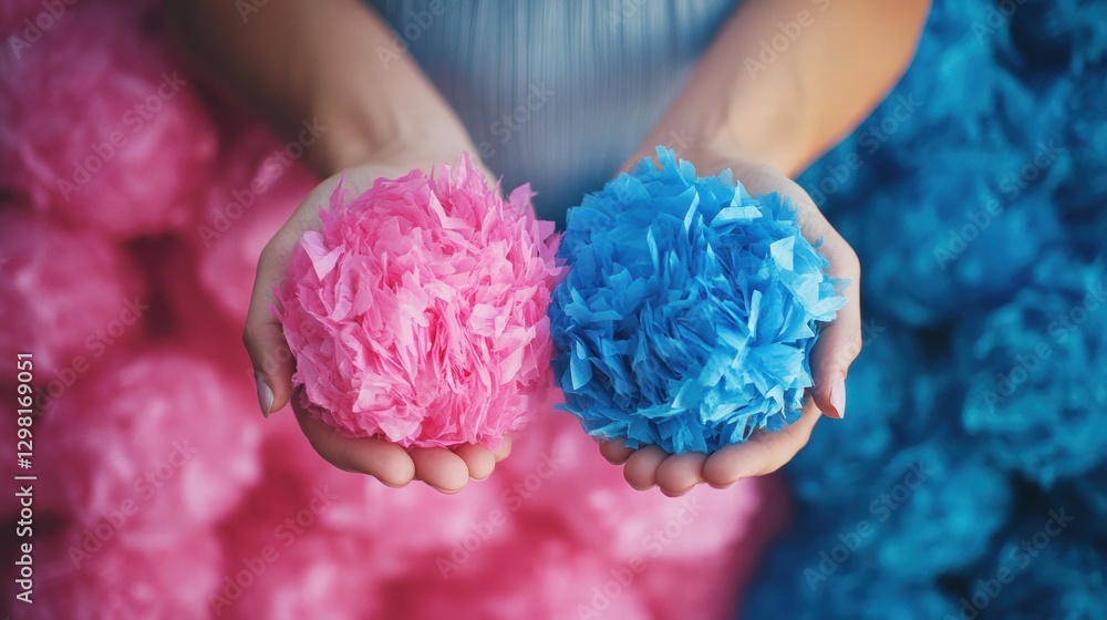 Aufkleber holding pink and blue pom poms in hands against a colorful backdrop at a celebration event. generati