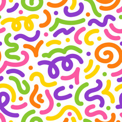 Colored doodles bold lines and swirls seamless pattern. Design for fabric, wrapping paper, wallpaper. Vector illustration.