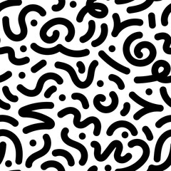 Black curves bold line and dot. Abstract geometric seamless pattern doodle. Design textile, fabric, packaging. Vector illustration.