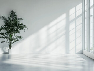 Obraz premium interior design scene with plant and a white wall and the shadow from the window
