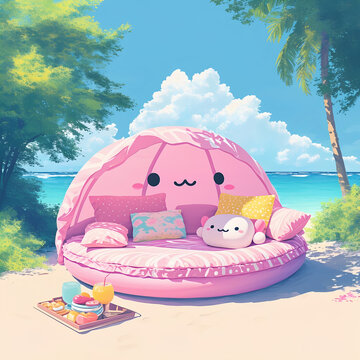 cute pink beach setup with round canopy bed and plush toys, surrounded by tropical scenery and picnic tray