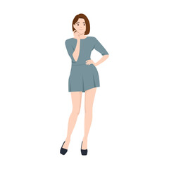 Fashionable woman in a dress and heels poses with a hand on hip and thoughtful expression. Flat vector illustration isolated on white background