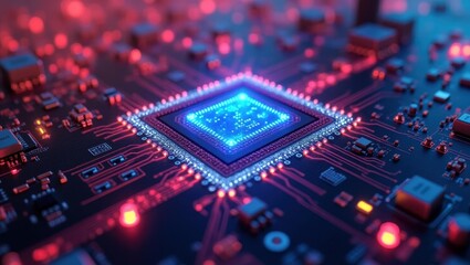 Chiplet. Glowing blue microchip circuit board closeup technology backg
