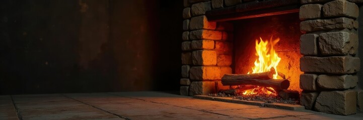 Warm firewood and stone fireplace with crackling sound effects, rustic,