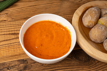 Red mojo rojo and green mojo verde sauces, traditional Tenerife dips, mojo picon dressing