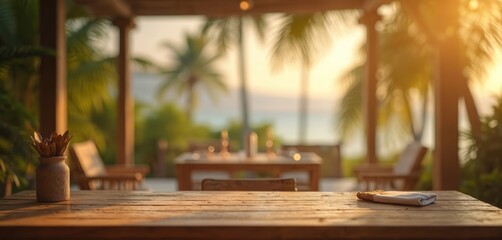 Rustic wooden table with vase in blurred garden background with bokeh. Sunny summer beach background perfect for product display, promotions, restaurant cafe advertisement. Vacation mood. Relax