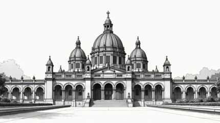 Detailed Etching-Style Illustration of the Montju&iuml;c National Palace