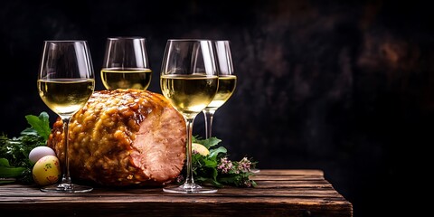 Ham, decorated eggs, and white wine glasses on the wood surface with a dark mottled wall background for a holiday meal