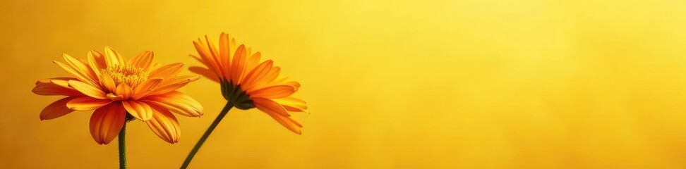 Obraz premium Warm orange chrysanthemum flowers against a soft yellow background, flowers, nature