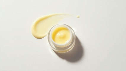 Cuticle Balm. Open jar of creamy yellow moisturizer with smooth cream