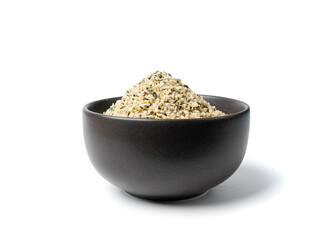 Shelled hemp seeds pile isolated, peeled cannabis grains, marijuana kernels without peel