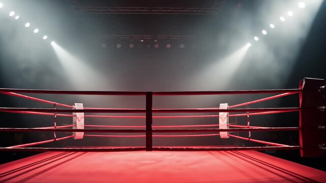 Empty boxing ring under dramatic lighting with fog in the background