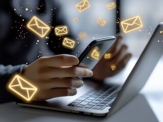 Person Manages Emails on Smartphone and Laptop in Digital Work Environment