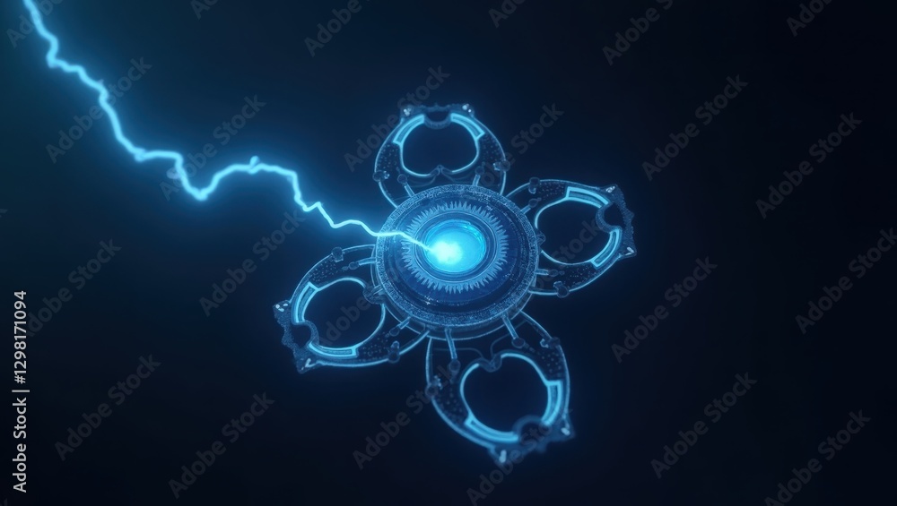 Poster deep tech. blue light is shining through center of circular object