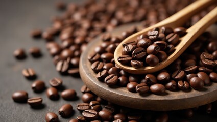 Decaf. Spoon is full of coffee beans on table