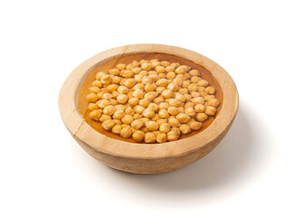 Soaked chickpeas, chick pea in water, swollen wet Cicer arietinum fruits, garbanzo beans cooking
