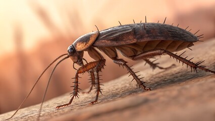 Fototapeta premium Detailed Cockroach: Close-up shot of a detailed cockroach, showcasing its intricate exoskeleton, long antennae, and spiky legs.