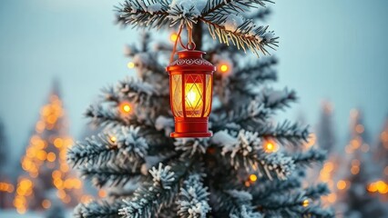 A red and white lantern hangs from the branch of a frosty pine tree on a snowy landscape, lights, christmas, shining