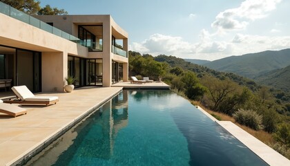 Obraz premium Modern luxury home with infinity pool overlooking stunning hill country. Contemporary house design boasts spacious outdoor living. Serene villa retreat with architectural elegance, nature views,