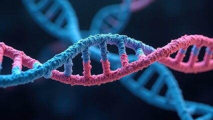 Epigenetic Clock. DNA strands closeup blue pink, genetics research, mo