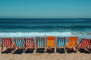 Colorful beach chairs on sandy shore, ocean view